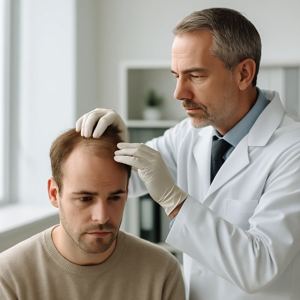 Person researching hair transplant clinics